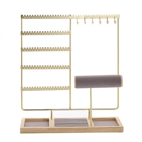 YDEVERLIN Bracelet Display Stand Necklaces Holder, 5 Tiers Jewelry Organizer and Storage Rack with Velvet Slot and Wooden Base, for Women Bangles Watches Ring Earrings (Golden 1) - Image 1
