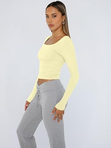 Trendy Queen Womens Long Sleeve Shirts Crop Tops Fall Fashion 2025 Square Neck Going Out Basics Tees Y2k Clothes thumbnail 3