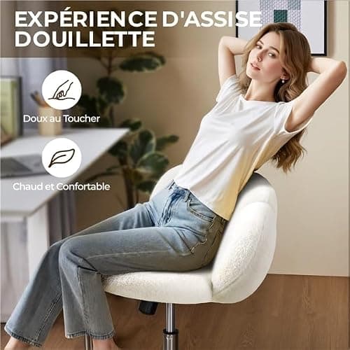 Yaheetech Fauteuil de Bureau, Chaise Pivotante Ergonomique, Dossier Confort en Nuage, Réglable en Hauteur, Charge 136 kg, pour Salon Chambre Bureau, Blanc/Bouclé thumbnail 7