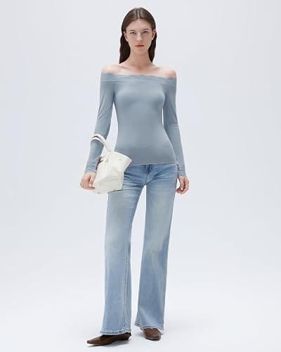 SUUKSESS Cloud Cashmere Women Lace Off Shoulder Long Sleeve Shirt Basic Knit Top thumbnail 4