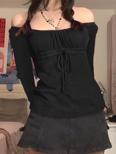 Y2K Mesh Top Women Long Sleeve Shirts Scoop Neck Ruffle Hem Babydoll Blouse thumbnail 2