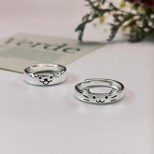 Uarein Cat Dog Couple Ring for Women Men Silver Animal Friendship Matching Ring Cute Puppy Kitten Statement Ring Minimalist Party Valentine's Day Jewelry Gift thumbnail 7
