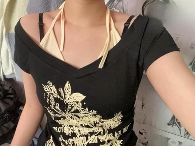 Emo Grunge Shirts Women 2000s Graphic Baby Tees Fake Two Piece Short Sleeve Vintage Y2k Crop Top Goth Alt Clothes thumbnail 2