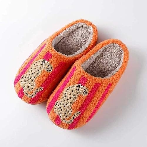 POISPOIS Fuzzy Leopard Print House Slippers for Women, Cozy Striped Warm Indoor Slippers, Soft Memory Foam Closed Toe Non-Slip Slippers for Home Bedroom thumbnail 3