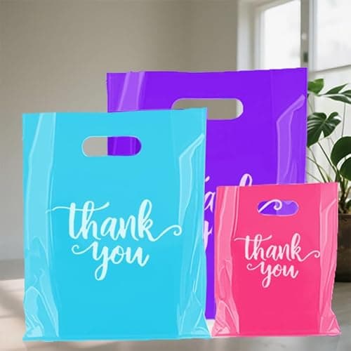 Odseciran 300 Pcs Thank You Bags for Small Business, 3 Size Plastic Mini Retail Merchandise Vendor Shopping Bag with Handle for Boutique Store, Wedding Party Goodie Bulk (Mixed color) thumbnail 3