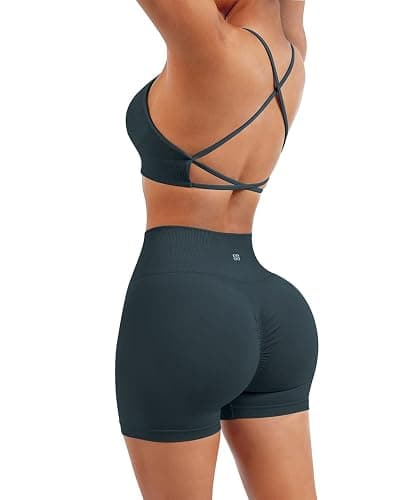 SUUKSESS Women Seamless Workout Sets Strappy Sports Bra High Waist Booty Shorts Outfits thumbnail 3