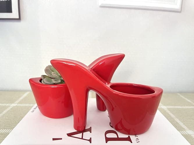 Beitewei 2PCS Succulent Planter Small Pot High Heel Shaped Ceramic Flower Pot Indoor Plant Pots Cute Planter Valentines Day Decor (Red) - Red thumbnail 2