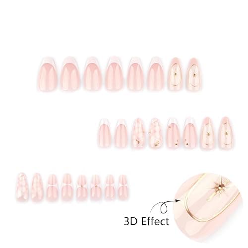 Mivota French Press On Nails Almond Medium, Fall Fake Nails Adorned with White Petal Accents and 3D Gold Lines Design, Glossy Gel Finish Acrylic Nails, Reusable Glue On Nails for Women, 24Pcs thumbnail 5