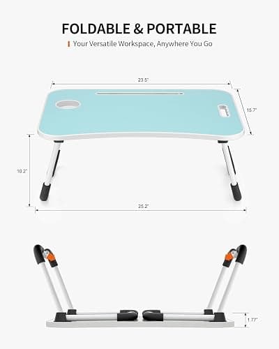 FISYOD Foldable Laptop Table, Portable Lap Desk Bed | Table Tray, Laptop Stand with Cup Holder & Tablet Slot & Lifting Handle for Working Writing Drawing & Eating (Blue) thumbnail 2