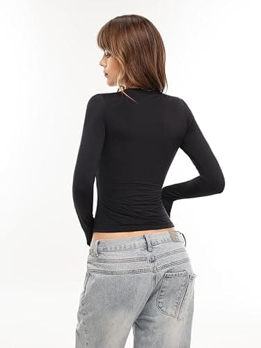 Danysu Double Lined High Round Neck Long Sleeve Tops for Women with Built in Bra Nylon Basic Crop Fall Tee Shirts thumbnail 5