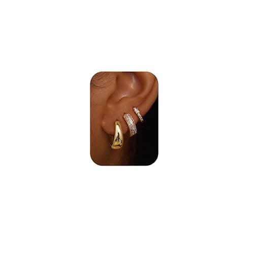 LOLIAS Small 14K Gold Plated Chunky Hoop Earrings for Women Hypoallergenic Silver Earrings Set for Sensitive Ears Non Tarnish Huggie Hoops Earring Stacks for Multiple Piercing Jewelry Lightweight 3Pairs - Image 1