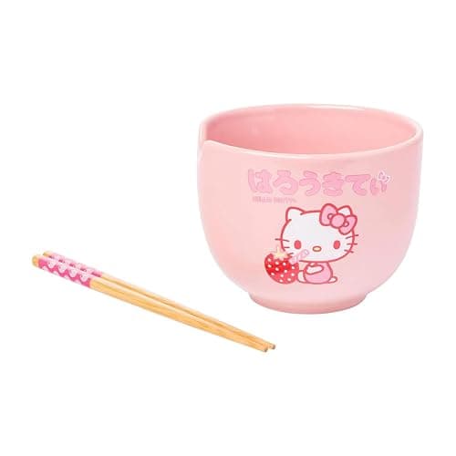 Silver Buffalo Sanrio Hello Kitty Strawberry Milk Japanese Character Ceramic Ramen Noodle Rice Bowl with Chopsticks, Microwave Safe, Pink, 20 Ounces thumbnail 4