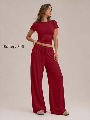 Trendy Queen Women's 2 Piece Matching Summer Lounge Set with Pockets | Vacation Airport Travel Outfits, Workout Gym Clothing Comfy Athleisure Clothes, Side-ruched Top, Drawstring Wide Leg Pants thumbnail 2