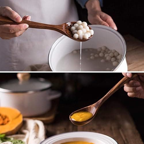 Lot de 6 Ustensiles de Cuisine en Bois de Teck Naturel - Grande Taille, Antiadhésifs, Cuillères, Spatule, Passoire - Durables thumbnail 4