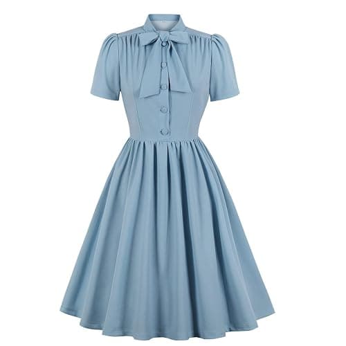 1950s Dresses for Women Vintage Rockabilly Retro Short Sleeve Tie Midi Dress Cocktail Party Evening Prom Gown - Image 1