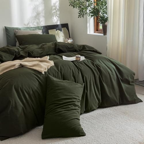 FOSSA Duvet Cover Set 100% Washed Cotton Linen Feel Super Soft Breathable Cozy 3 Pieces Bedding Sets Solid Olive Green Full/Double thumbnail 2