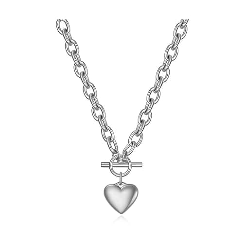 Navirix Chunky Heart Pendant Necklace,Minimalist Plated Gold Thick Love OT Clasp Choker,Vintage Puffy Heart Chain Toggle Collarbone Necklace for Women thumbnail 7