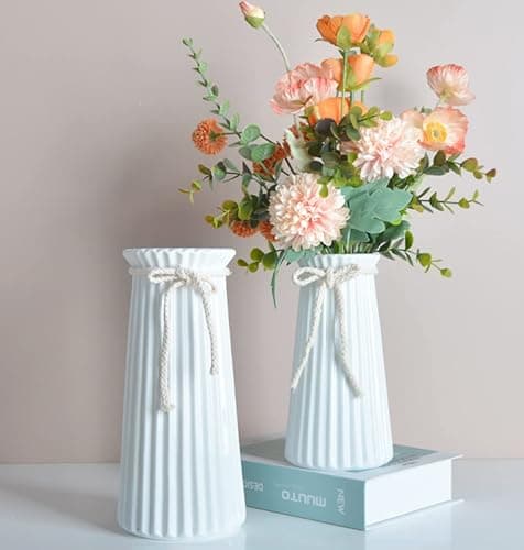 White Ceramic Ribbed Vases for Minimalist Modern Home Decor, Decorative Flowers Vase for Wedding Dinner Table Office Bedroom - 8 Inch / 20 CM thumbnail 2