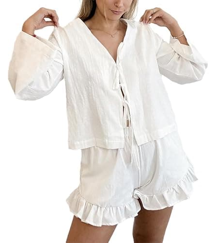 Xfileen Women Fashion 2 Piece Outfit Long Sleeve Tie Front Tops and Ruffled Shorts Cotton Pajamas Sets - Image 1
