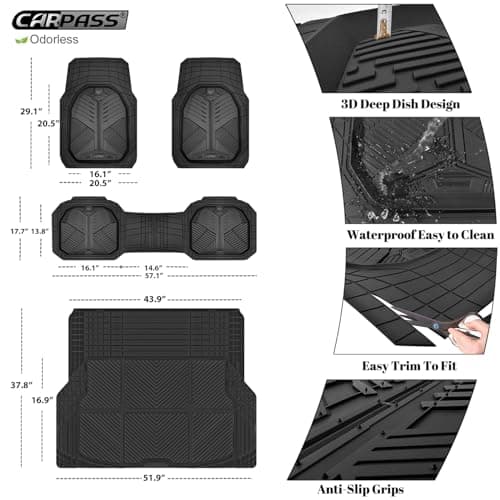 CAR PASS Heavy Duty Rubber Car Mats with Cargo Liner, Deep-Dish Car Floor Mats and Trunk Mat All Weather, Universal Trim-to-Fit for SUVs Trucks Sedans, Waterproof Anti-Slip, Trimmable V12 Black thumbnail 5