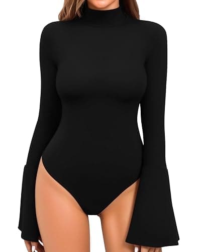 MANGOPOP Bell Sleeve Mock Neck Long Sleeve Bodysuit for Going Out Tops for Women - Image 1