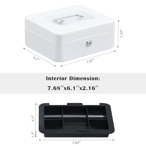 xydled Locking Steel Medium Cash Box with Removable Coin Tray and Key Lock,7.87"x 6.30"x 3.54",White thumbnail 3