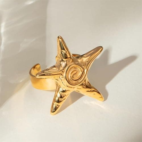OIDIMS Vintage Starfish Statement Ring for Women Gold-Tone-Tone Stainless Steel Fashion Adjustable Ocean Sea Style Open Wrap Finger Rings Comfort Fit Chic Holiday Summer Party Jewelry Dainty Gift thumbnail 5