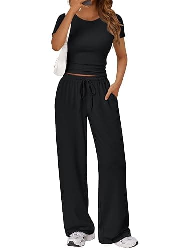 Trendy Queen 2 Piece Matching Summer Lounge Set Womens Side Ruching Top Wide Leg Pants Sets with Pockets - Image 1