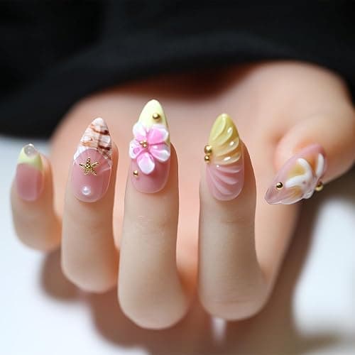 10 Pcs Handmade Reusable Press-On Nails - 3D Starfish, Flower & Gold Accents, Pastel Pink Almond Shape, Gradient Yellow-Pink Base | For Women & Girls, Daily & Party Use(StarfishA17, M) thumbnail 4