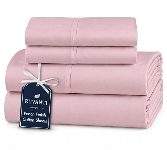 RUVANTI 100% Cotton Percale Sheets Queen, Dusty Rose | Crisp Cooling Summer Bed Sheets, Deep Pocket 14", Soft Peach Finish, Breathable & Durable Hotel-Style, 4 Piece Set - Image 1