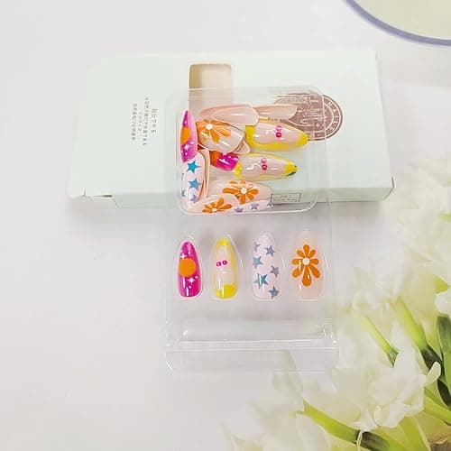 Colorful Press on Nails Short Medium Length Almond Fake Nails with Star Cherry Striped Design Cute Geometric Irregularity Acrylic Stick on Nails Summer Glossy Full Cover Glue on Nails for Women 24Pcs thumbnail 6