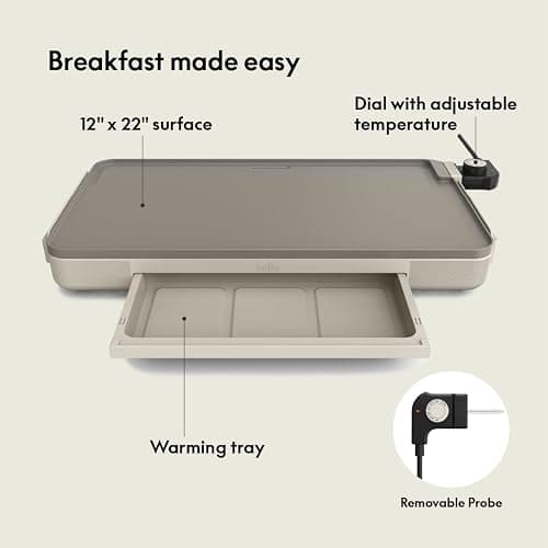 bella 12" x 22" Electric Griddle with Warming Tray, EverGood™ Ceramic Nonstick Coating & Removable Temperature Probe, Dishwasher-Safe Drip Tray & Cool Touch Handles, 1500 Watt, Oatmilk thumbnail 6