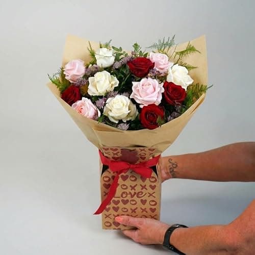 Fleur De Luxe Vintage Romance Fresh Flower Bouquet, Red And Pink Roses, Mixed Seasonal Blooms, Hand Tied Arrangement, Valentine’s Day Gift For Her, Delivered In Gift Box - Image 1