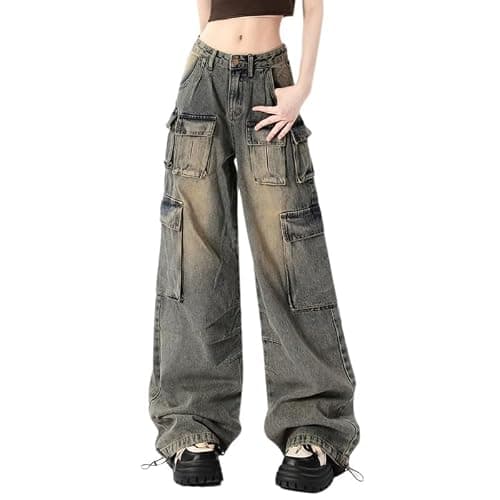 Hugboom Baggy Cargo Pants for Women Girls Wide Leg Jeans Y2k Hip Hop Streetwear Low Rise Oversized Jeans Grunge Clothes Blue thumbnail 2