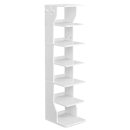 VASAGLE 7-Tier Vertical Shoe Rack, Narrow Shoe Storage Organizer with Hooks, Slim Corner Tower Shelf, Space-Saving for Entryway and Bedroom, White ULBS200T14 - Image 1