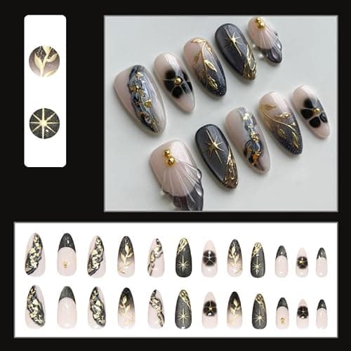 MouyouGlow Press on Nails Kurz,Almond Schwarz Glitzer French 3D Gold Sterne Blumen Floral Design Mandel Y2k Fake Nails,Black Tips Star Bling INS Sweet Künstliche Fingernägel thumbnail 2