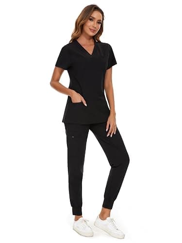 COZYFIT Scrubs for Women Set - Stretch V-Neck Scrub Top & Jogger Pant with 8 Pockets - Black - Medium thumbnail 4