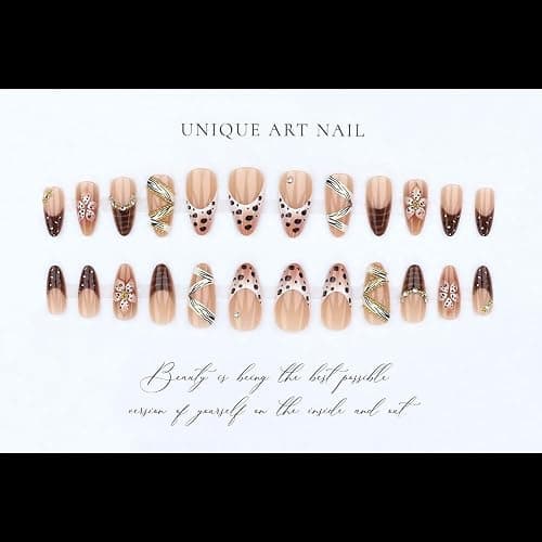 Leopard Prints French Tips Press on Nails Medium Almond Nails Press on with 5D Flower Charm Design Glossy Brown Glue on Nail Rhinestone Lines Fake Nails Fall Winter Nail for Women Manicure 24Pcs thumbnail 3