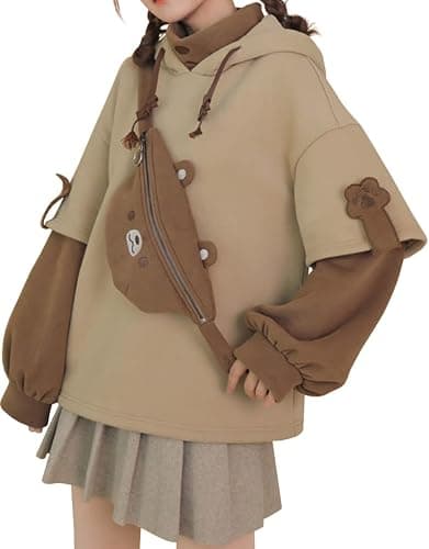 EMILYLE Womens Girls Brown Bear Hoodie Long Sleeve Sweatshirts Cute Pattern Print Kawaii Patchwork Shirts thumbnail 2