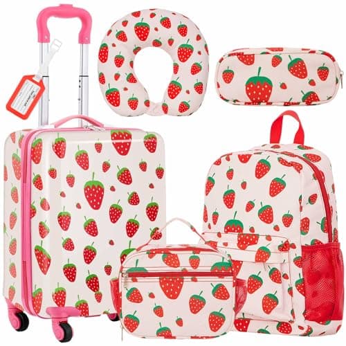 Redbaker 17 Inch 6 Pcs Kids Luggage Set Kids Rolling Luggage Double Pattern Suitcase for Boys Girls (Blush Pink, Strawberry Style) - Image 1
