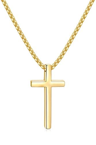 Fiusem Cross Necklace for Men, Silver/Gold/Black Mens Cross Necklaces with 2.5mm Cross Chain and Stainless Steel Cross Pendant, Box Chain 16-24 Inch - Image 1