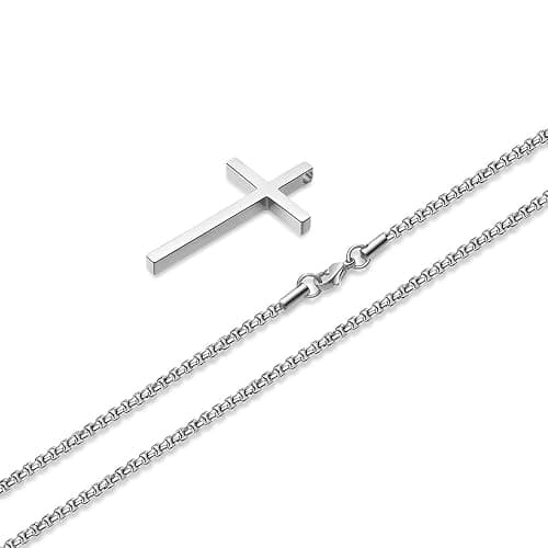 M MOOHAM Cross Necklace for Men, Silver Black Gold Stainless Steel Plain Cross Pendant Necklace for Men Box Chain 16-30 Inch thumbnail 8