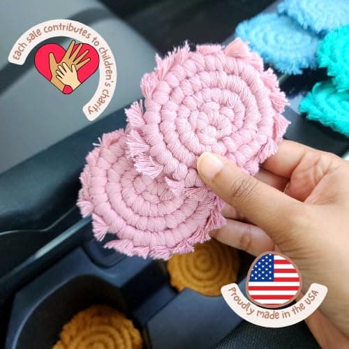 Cotton Car Coasters for Cup Holders, 2PC Car Cup Coasters, Drink Coaster Holder, Cute cupholder Coaster Accessories for Women, Macrame, Boho(Champagne Pink) thumbnail 3