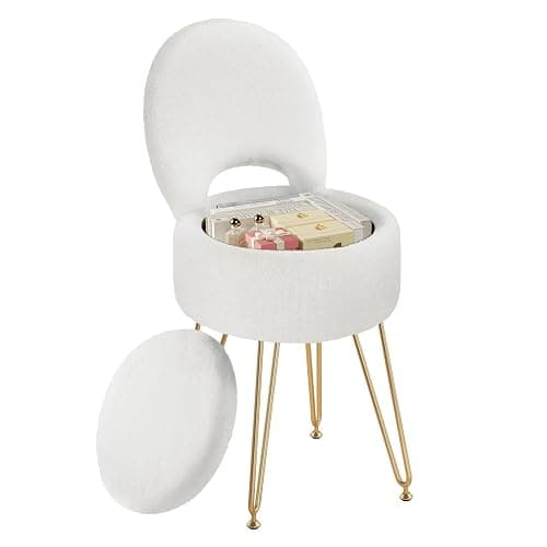 Rolanstar Velvet Vanity Chair with Hidden Storage – Foldable Backrest Converts to Footstool – Comfortable Makeup Stool for Bedroom or Dressing Table (White, Small) - Image 1