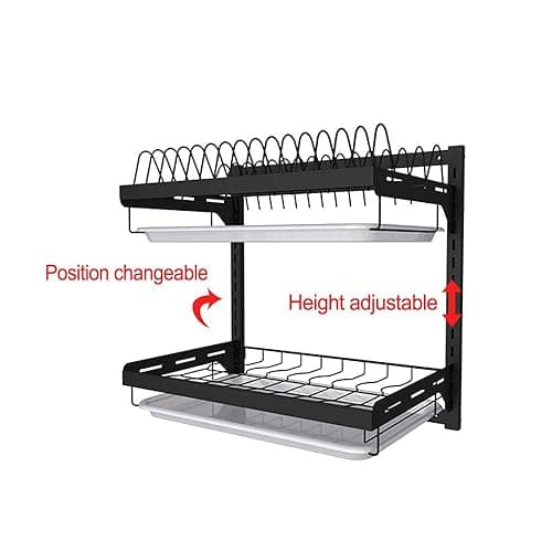 junyuan Kitchen Dish Rack,Hanging Dish Drying Rack Organizer Storage Shelf Over Sink,2 Tier Wall Mount Bowl Holder with Drain Tray and Silverware Stainless Steel Black Coating Ajustable Height thumbnail 5