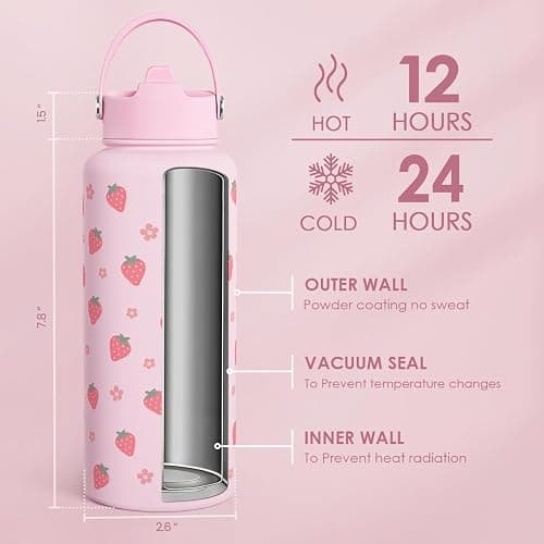 SANDJEST Strawberry Water Bottle 32oz Stainless Steel with Lid & Straw, Insulated Bottles for Women Girls, Gifts Ideas for Birthday Christmas thumbnail 3