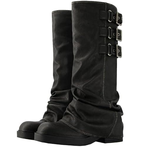 ClassicSter Fold Over Knee High Boots Slouch Boots for Women Chunky Goth Platform Boots,2 inch Heel Wide Calf Long Boots Square Toe Riding Boots thumbnail 3