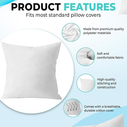 QUBA LINEN 18 x 18 Throw Pillow Insert - Pack of 2 White, Down Alternative Pillow Inserts for Decorative Pillow Covers, Throw Pillows for Bed, Couch Pillows for Living Room (Pack of 2) thumbnail 3