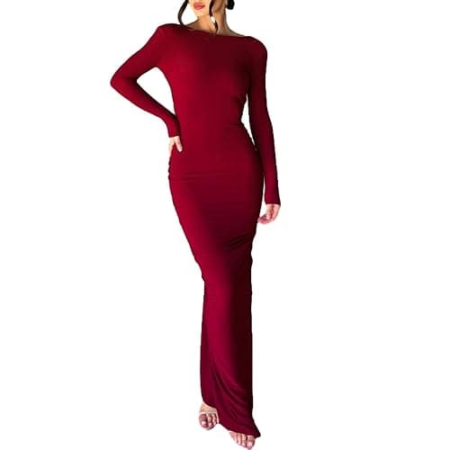 Geagodelia Robe Femme Maxi-Longue Sexy Moulante à Manches Longues, Robe de Soirée Col Deep V ou Dos Nu avec Deux Moyens à Porter thumbnail 2