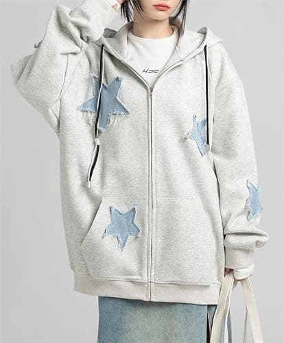 Fronage Y2K Zip Up Jacket for Women Star Graphic Oversized Hoodies Aesthetic 90s Gothic Sweatshirt Clothes Men thumbnail 2